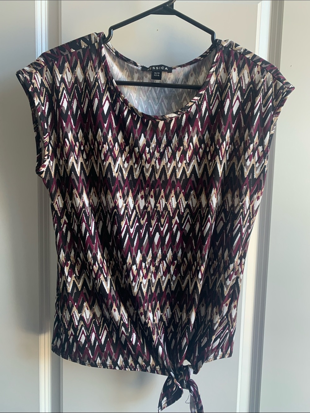 Jessica Women’s Zig-zag Tie Hem Top in Burgundy, Black, Cream